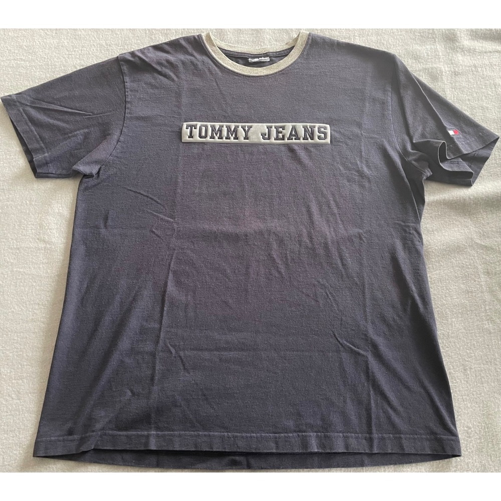 Tommy Jeans Mens Vintage 3D Puff‎ Logo T-Shirt Navy Grey Ringer Crew Neck XL